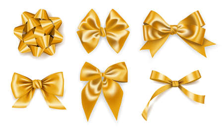 Set of realistic golden ribbons bows, decoration for gift boxes, design elementのイラスト素材