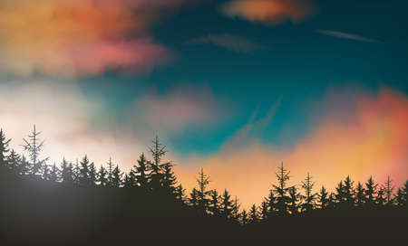 Night forest and mountains red and blue night sky and sunset landscape, vector illustration.のイラスト素材