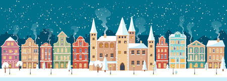 Snowy Christmas night in cozy town city panorama with castle. Winter village landscape, flat style, vector illustrationのイラスト素材