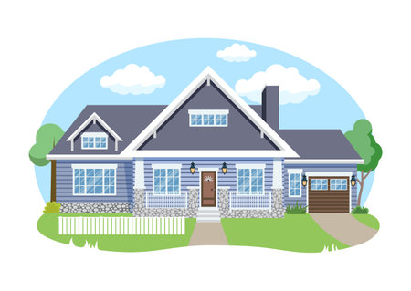 Cartoon house exterior with blue clouded sky Front Home Architecture Concept Flat Design Style. Vector illustration of Facade Buildingのイラスト素材