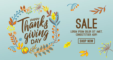 Hand drawn Happy Thanksgiving typography in autumn wreath banner. Celebration text with berries and leaves for postcard, icon or badge. Vector calligraphy lettering holiday quoteのイラスト素材
