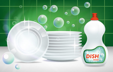 Dishes clean shining plates and dishwashing detergent in packaging, mockup advertisement, vector illustration.のイラスト素材