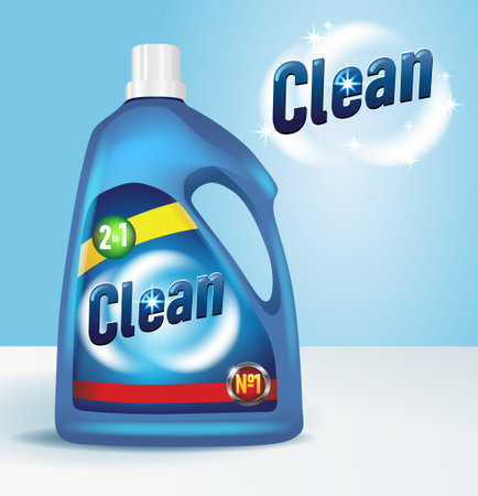 Bottle of detergent with label 3D mockup. Cleaning product realistic design. Washing supply advertisement, vector illustrationのイラスト素材