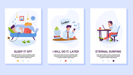 Man relaxing on the couch Procrastination, Postponing Work. Lazy Businesspeople Spend Unprofitable Time in home Office, I will do it later, remote work concept, Cartoon Flat Vector Illustrationのイラスト素材