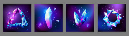Abstract trendy cosmic poster set with crystal gems frame and pyramid geometric shapes in space. Neon galaxy background. 80s style. Poster with polygon pyramid or crystal. Vector illustration.のイラスト素材