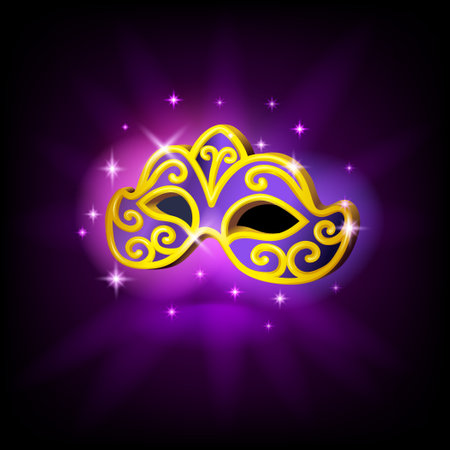 Beautiful gilded carnival mask icon for video game or mobile application, dark space background. Fancy Dress mask vector illustration in cartoon style.のイラスト素材