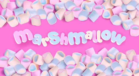 Realistic multi-colored marshmallow on pink background with 3D sign. Colorful blue and pink marshmallows, editable Vector ilustration.のイラスト素材