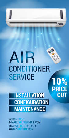 Air Conditioning Repair Flyer with Realistic detailed isometric air conditioning blowing cold air in the roomのイラスト素材
