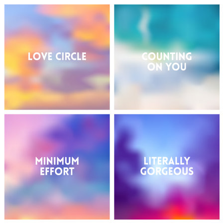 Abstract vector multicolored blurred background set. 4 colors set. Square blurred backgrounds set - sunset sky clouds sea ocean beach colors With love quotesのイラスト素材