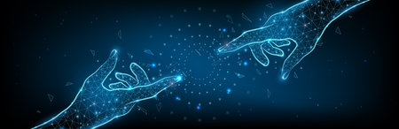 Creation AI concept - two hands reach for each other connecting, polygonal style starry sky or space, consisting of points, lines, and shapes with destruct shapes. Futuristic vector illustration.のイラスト素材