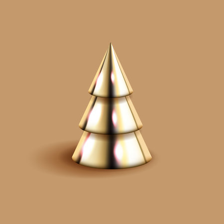 Golden 3D geometric Christmas tree on brown background. Shiny metal decoration element. Decorative mathematical figure vector illustration in realistic style.のイラスト素材