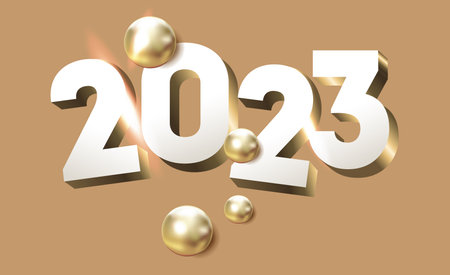 2023 golden white decoration holiday on beige background. Gold foil numbers 2023 with realistic...