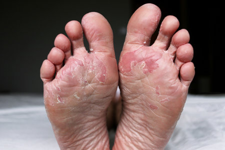 Close up of dry feet. Peeling and cracked foot. Fungal infection or athletes foot, dry skin, dermatitis, eczema, psoriasis, sweaty feet or dehydration. Health care conceptの写真素材