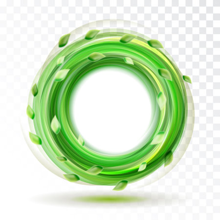 Shiny magic motion circle frame with glowing leaves and flying dust particles isolated on white background, vector illustration.のイラスト素材