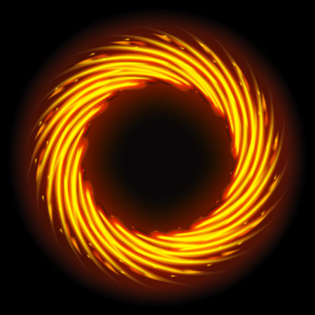 Shining glittering spinning circle with orange sparkles and glowing lights on black background, portal or round frameのイラスト素材