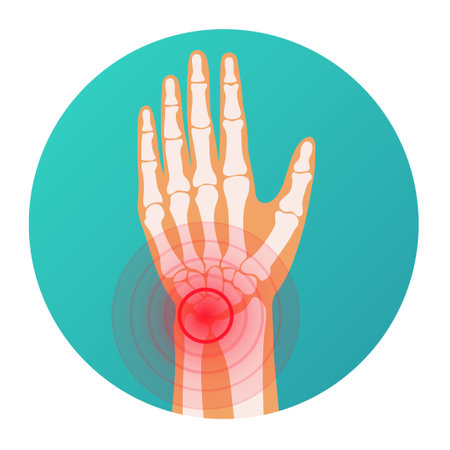 Red circle pain localization in human wrist - hand injury, skeleton, vector illustrationのイラスト素材