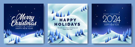 Happy Holidays, Merry Christmas and New Year greeting cards set with lettering and snowy mountain hillside forest, vector illustration.のイラスト素材