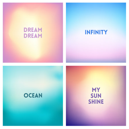 Abstract vector red blurred background set. Square blurred red backgrounds set - red sky sunset clouds beach colors With love quotesのイラスト素材
