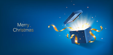 Blue opened 3d realistic gift box with magical shining glow and golden ribbons flying off cover, place for your text, realistic box with shine vector illustrationのイラスト素材
