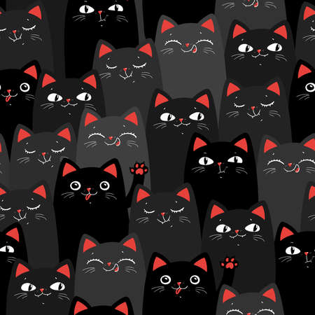 Black and grey Cats. Cartoon seamless pattern. Vectorのイラスト素材