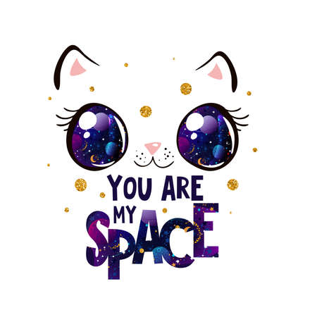 Cute cat face with space in eyes. Kawaii style. Cat vector illustration with lettering.のイラスト素材