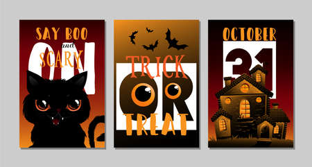 Vector illustrations with black cat. Halloween poster designs with symbols and calligraphy. Funny halloween cards setのイラスト素材