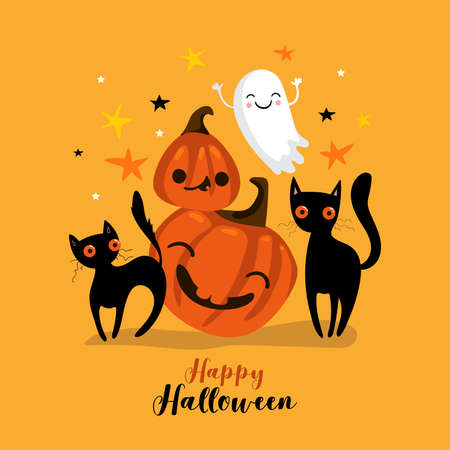 Happy halloween card with pumpkin and black cat character. Vectorのイラスト素材