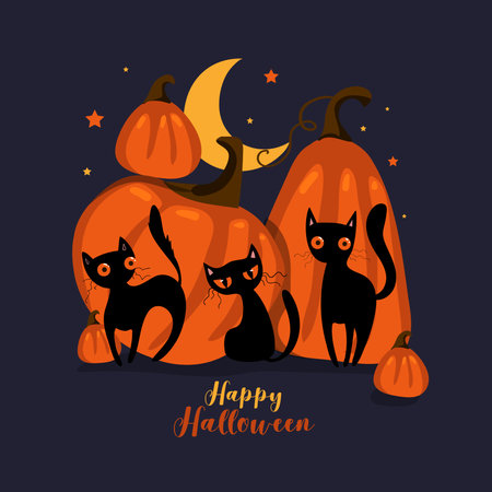 Happy halloween card with pumpkin and black cat character. Vectorのイラスト素材