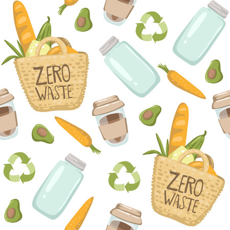 Zero waste hand drawn background. Seamless pattern with zero waste elements. Vector illustrationのイラスト素材
