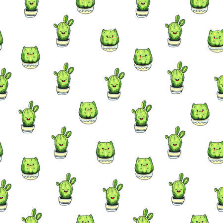 Seamless pattern with cute kawaii cactus and succulents with funny faces in pots. White background....
