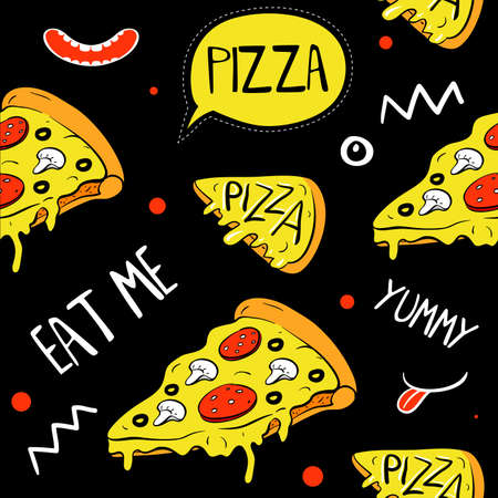 Cartoon pizza slices, seamless pattern. Vector illustrations. Print elements for textile or paperのイラスト素材