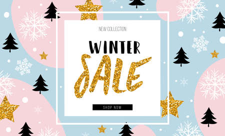 Christmas, new year, winter sale banner. Poster, background, flyer, invitation card, template design with winter elements. Vector illustrationのイラスト素材