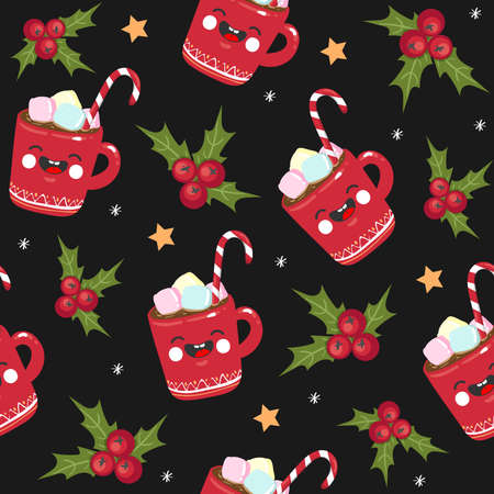 Christmas seamless pattern candy, mug, star on black background. Template for greeting, scrapbooking, invitations, congratulations. Kawaii style. Vector illustration.のイラスト素材