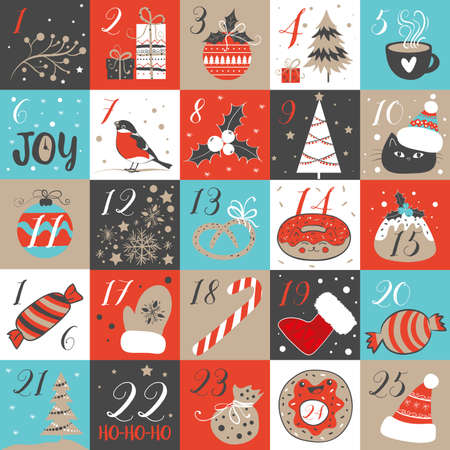 Abstract printable tags collection for Christmas, New Year. Advent calendar. Vector illustration. Merry Holidaysのイラスト素材