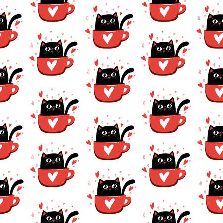 Valentine s day seamless pattern design with black cat character, cat with red heart. White isolated backgroundのイラスト素材