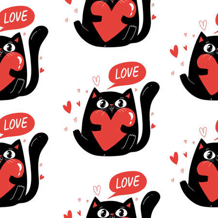 Valentine s day seamless pattern design with black cat character, cat with red heart. White isolated backgroundのイラスト素材