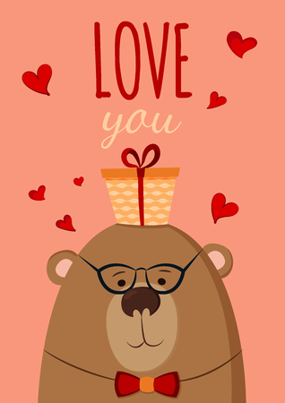Bear with present, postcard text Love youのイラスト素材