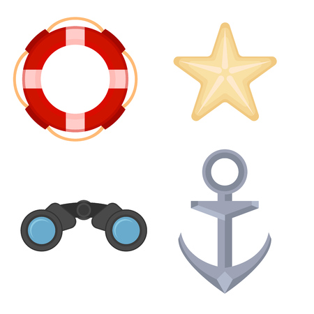 Sea navigation objects set. Marine icons set with anchor,binoculars, starfish and lifebuoy. vectorのイラスト素材