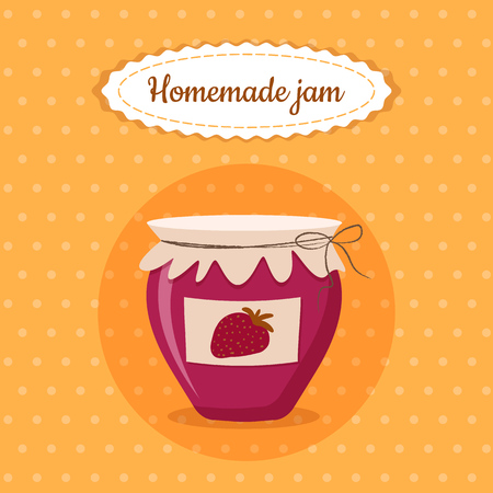 Sweet cute jam jar homemade strawberry dessert food vector illustration for poster, postcard, menuの写真素材