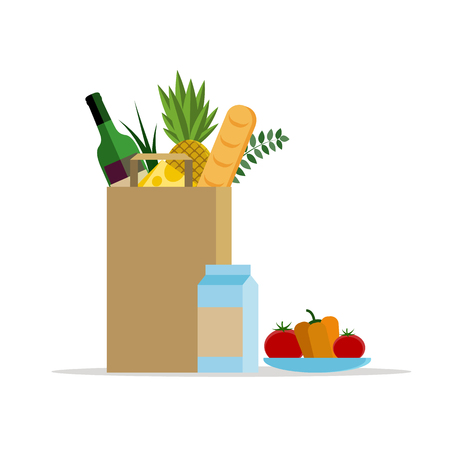 Paper bag with food. Paper package with fresh healthy produce. Vector flat illustration.のイラスト素材