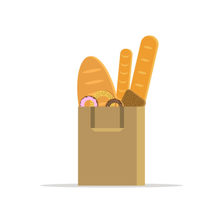 Illustration of shopping bag with bread, donut and bagel on white background. Vector Illustration. For icon, web, shop and cardのイラスト素材