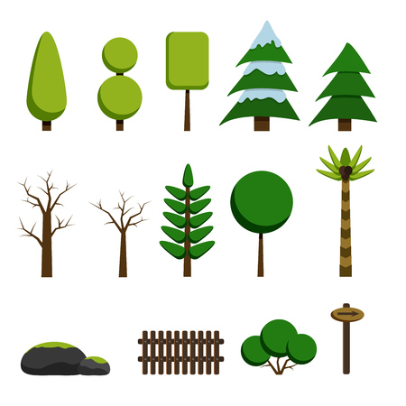 Set of trees, rocks and game elements in flat style. Cartoon nature objects on white background. Vector illustrationのイラスト素材