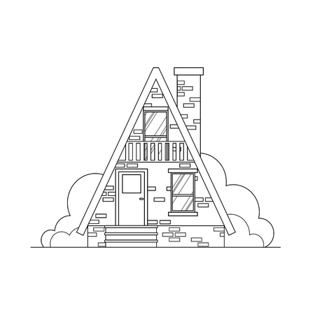 Brick house. Flat line vector architecture design. Outlined stroke icon. For poster web, banner, header, motion designのイラスト素材