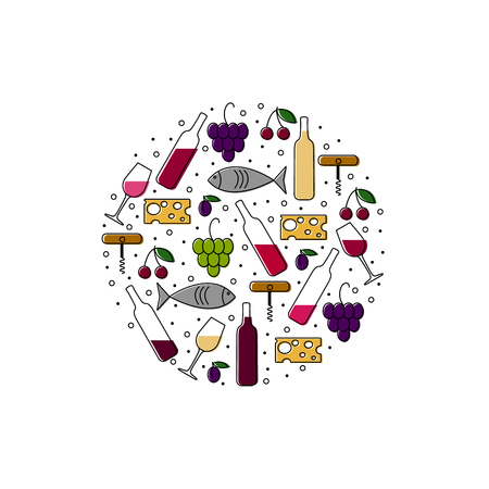 Vector color set of design elements and logo. Linear wine bottle, glass, plum, cheese, grapes and cherries. Concept for wine list, bar or restaurant menu. Food and drink flat background.の写真素材