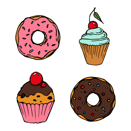 Food sweets bakery and pastry, donut and cupcake icons set, sweets, vector illustrationのイラスト素材