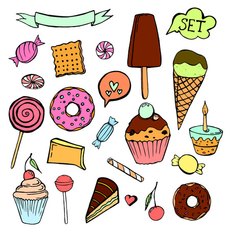 Set of hand-drawn sweet pastries and cupcakes on white background. Bakery shop.のイラスト素材
