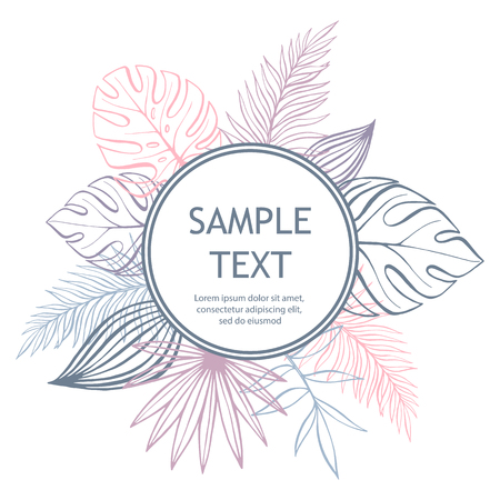 Pastel tropical design with palm leaves. Sample text. Vector floral template frame on white background.のイラスト素材