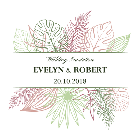 Wedding Invitation Card in pastel colors. Tropical Background. Vector Template Fashionのイラスト素材