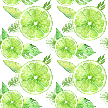 Citrus slice fruits watercolor hand drawn pattern. Orange, lemon, lime isolated on white background. For the design of invitations, greeting cards, wallpapers, banners, web and printの写真素材