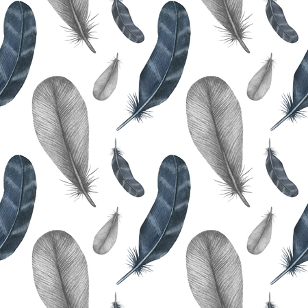 Watercolor fashion seamless pattern with feathers. fabric backgroundの写真素材